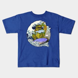 Surfing T-Rex with a gun! Kids T-Shirt